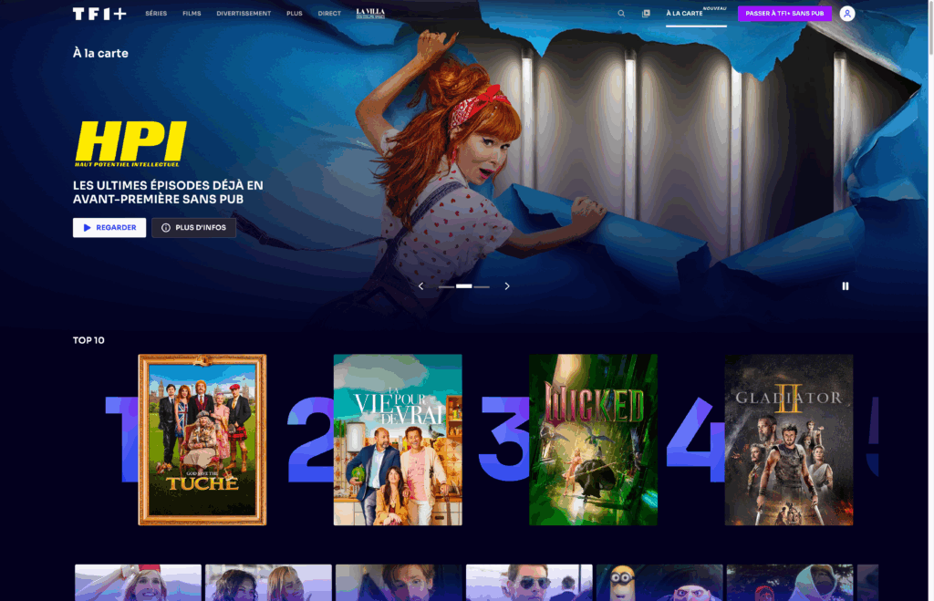 Accueil de la section "à la carte" du site TF1+.